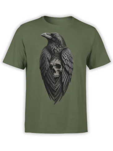 Olive green T-shirt featuring a detailed black raven wrapped around a human skull