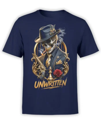 Navy T-shirt with dapper skull, cigar, revolver, chess king, red rose, and UNWRITTEN artwork