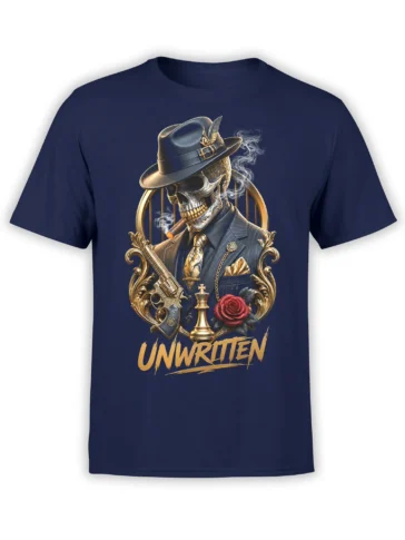 Navy T-shirt with dapper skull, cigar, revolver, chess king, red rose, and UNWRITTEN artwork