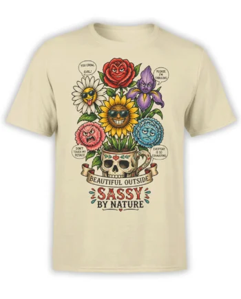 Beige T-shirt with expressive colorful flowers, a skull planter, and “Sassy by Nature” lettering