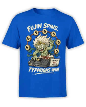 Blue T-shirt featuring a wild green wind spirit DJ, hand drums, turntable, and bold typhoon lettering