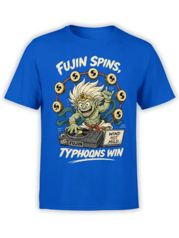 Blue T-shirt featuring a wild green wind spirit DJ, hand drums, turntable, and bold typhoon lettering