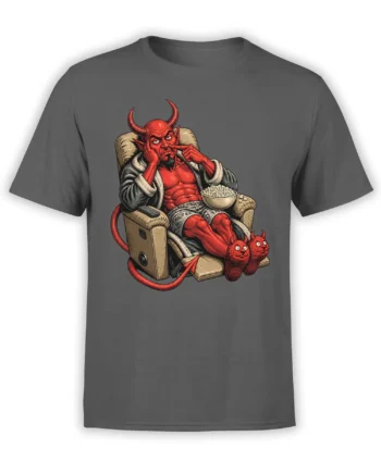 Gray T-shirt with a lounging red demon in a recliner, holding popcorn and wearing red devil slippers