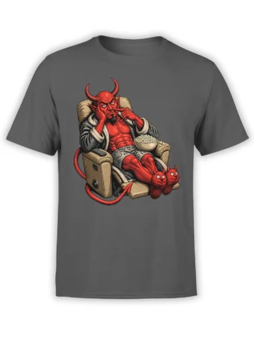 Gray T-shirt with a lounging red demon in a recliner, holding popcorn and wearing red devil slippers