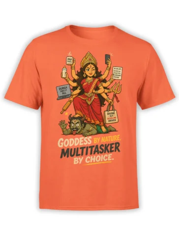 Durga multitasker goddess graphic on an orange T-shirt with a trident, laptop, coffee mug, and bold lettering