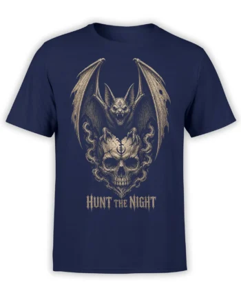 Gothic bat with wide wings and skull artwork above “HUNT THE NIGHT” on a navy T-shirt