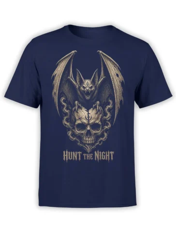 Gothic bat with wide wings and skull artwork above “HUNT THE NIGHT” on a navy T-shirt