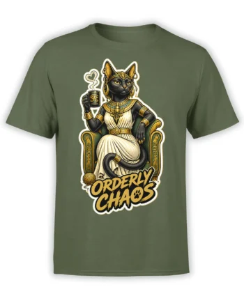 Egyptian-inspired black cat on a throne with a mug and Orderly Chaos lettering on a green T-shirt