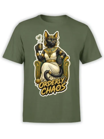 Egyptian-inspired black cat on a throne with a mug and Orderly Chaos lettering on a green T-shirt