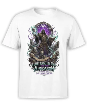 White T-shirt with hooded necromancer, skeletons, purple magic, teal flames, and gothic text