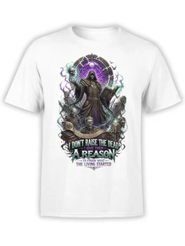 White T-shirt with hooded necromancer, skeletons, purple magic, teal flames, and gothic text