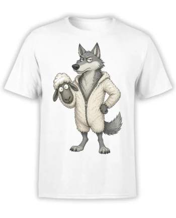 Gray wolf wearing a fluffy sheep-style jacket and holding a sheep on a white T-shirt