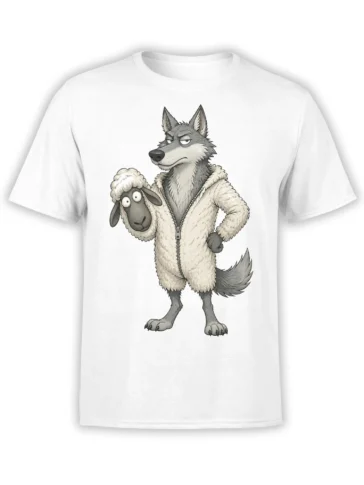 Gray wolf wearing a fluffy sheep-style jacket and holding a sheep on a white T-shirt