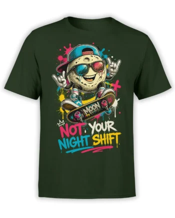 Dark green moon skateboard T-shirt with sunglasses, colorful paint splashes, and a bold night shift slogan