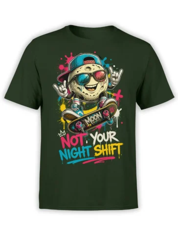 Dark green moon skateboard T-shirt with sunglasses, colorful paint splashes, and a bold night shift slogan
