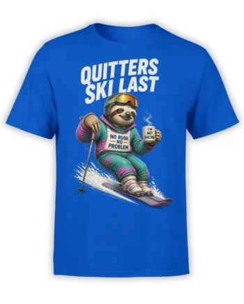 Relaxed sloth skiing with a mug and no-rush lettering on a bright blue graphic T-shirt