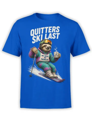 Relaxed sloth skiing with a mug and no-rush lettering on a bright blue graphic T-shirt