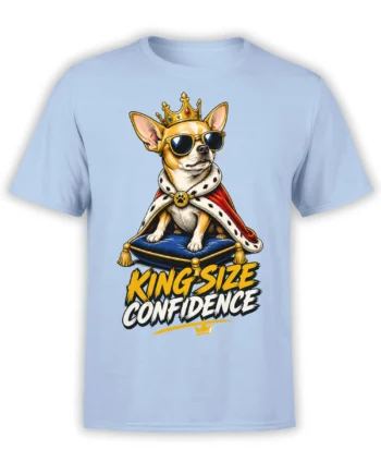 Crowned chihuahua dog wearing sunglasses and a royal cape on a light blue graphic T-shirt