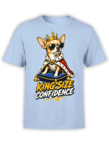 Crowned chihuahua dog wearing sunglasses and a royal cape on a light blue graphic T-shirt