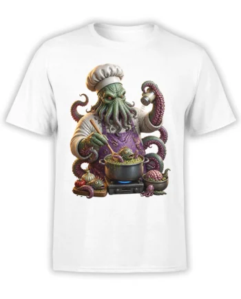 Green tentacled octopus chef cooking soup in a pot on a white graphic T-shirt