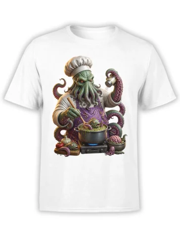 Green tentacled octopus chef cooking soup in a pot on a white graphic T-shirt