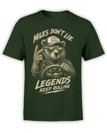 Vintage bear driver graphic tee in green with sunglasses, steering wheel, and “Legends Keep Rolling” lettering