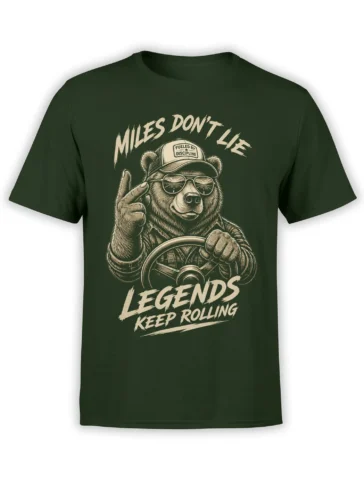 Vintage bear driver graphic tee in green with sunglasses, steering wheel, and “Legends Keep Rolling” lettering