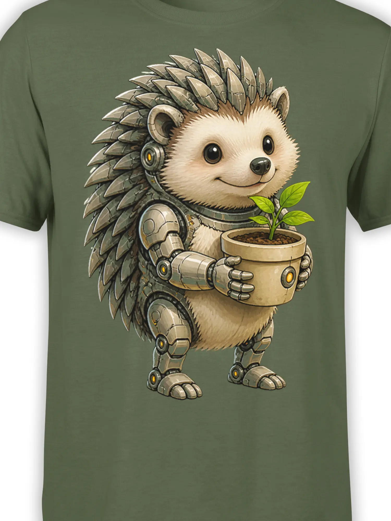 Close-up of robotic hedgehog and potted sprout artwork on green T-shirt