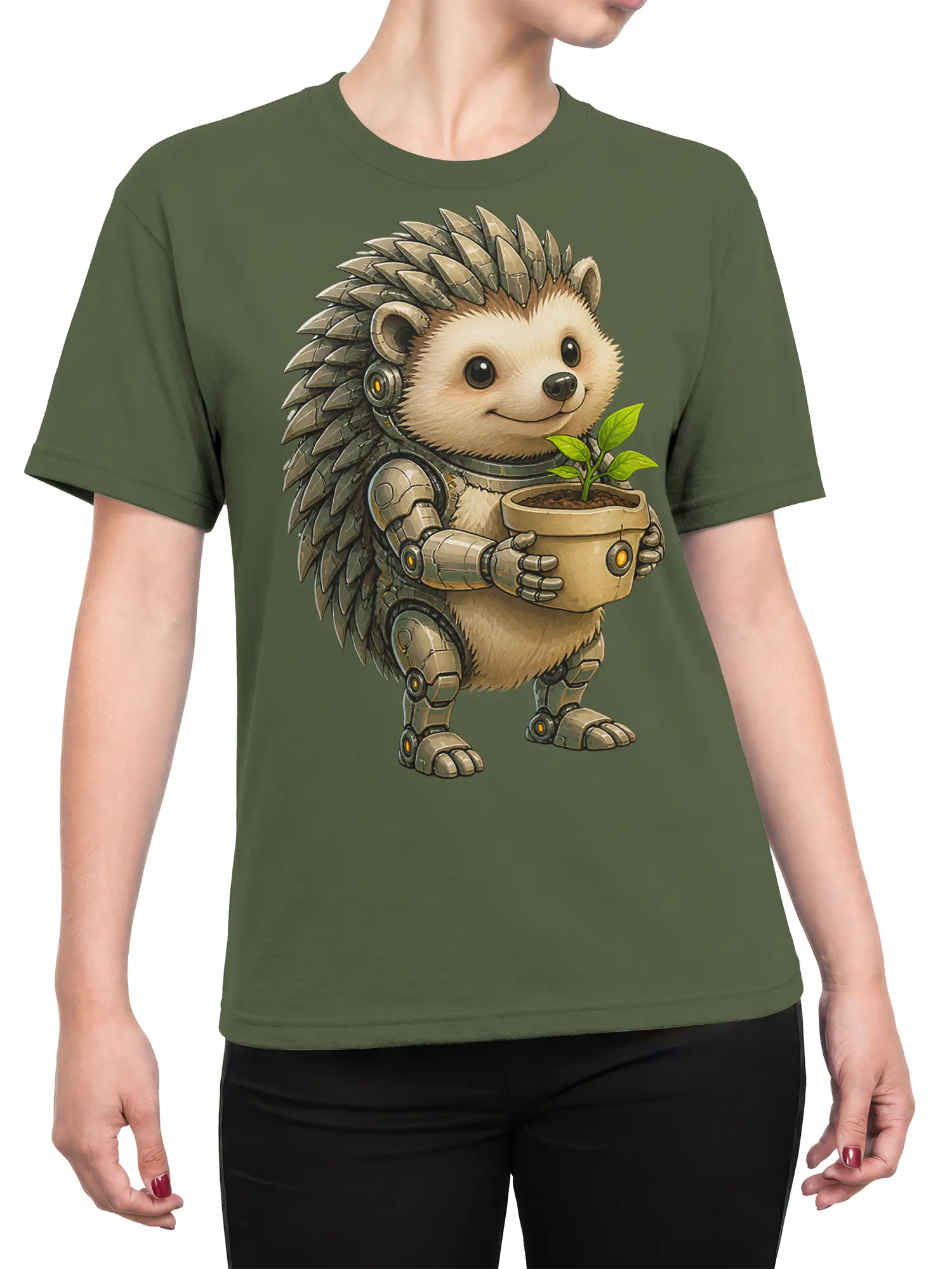 Female torso wearing a green T-shirt with a robotic hedgehog and plant design