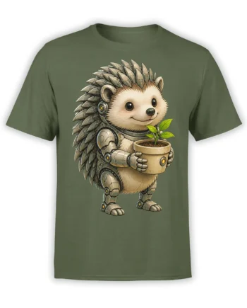 Robotic hedgehog holding a potted sprout printed on a green T-shirt