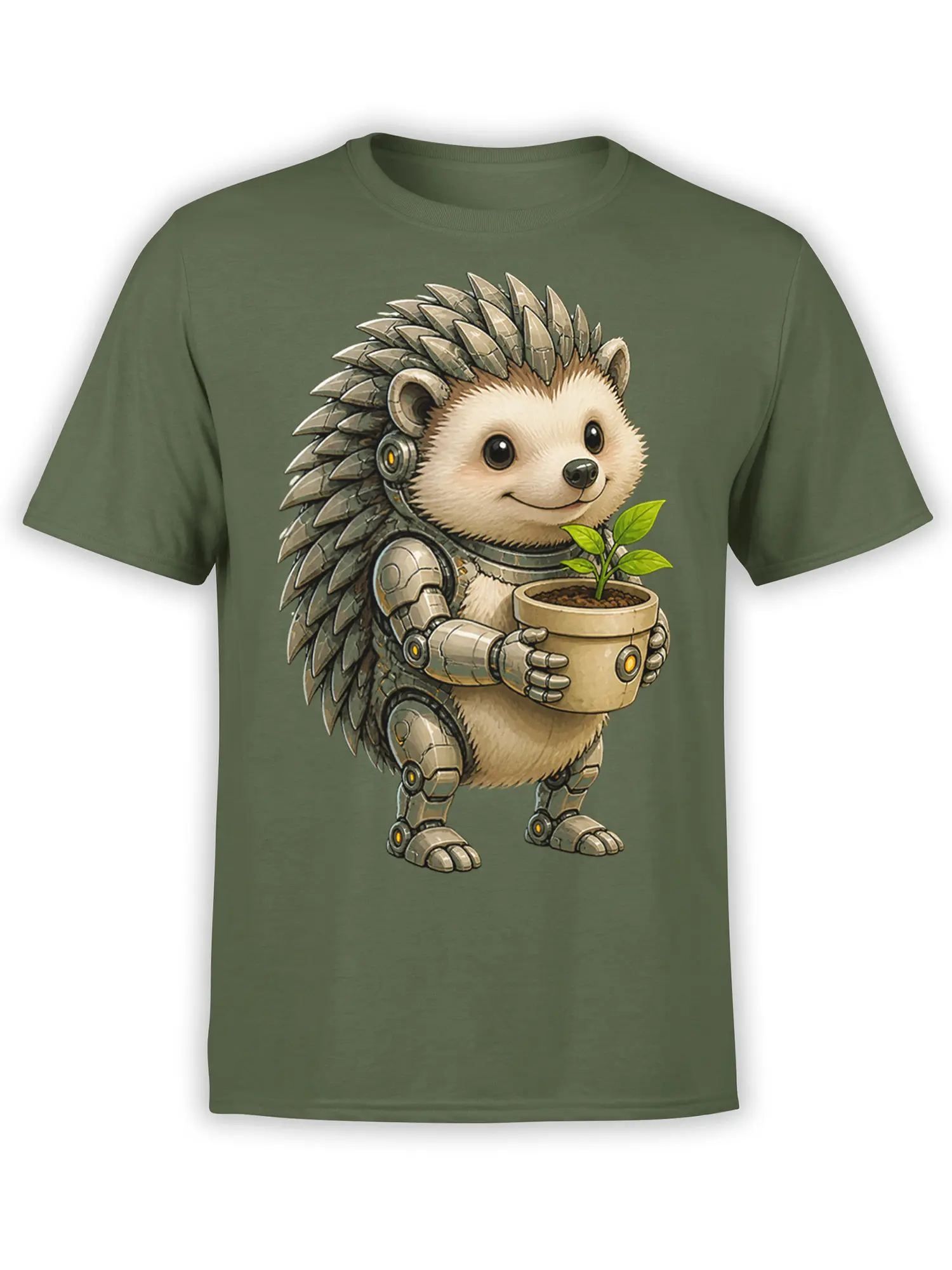 Robotic hedgehog holding a potted sprout printed on a green T-shirt