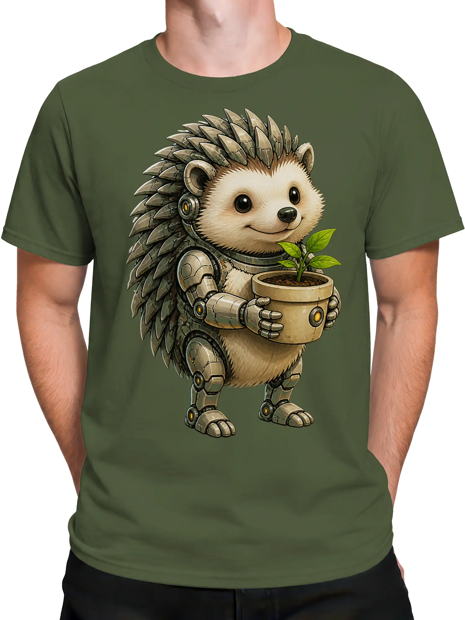 Male torso wearing a green T-shirt with a robotic hedgehog and sprout design