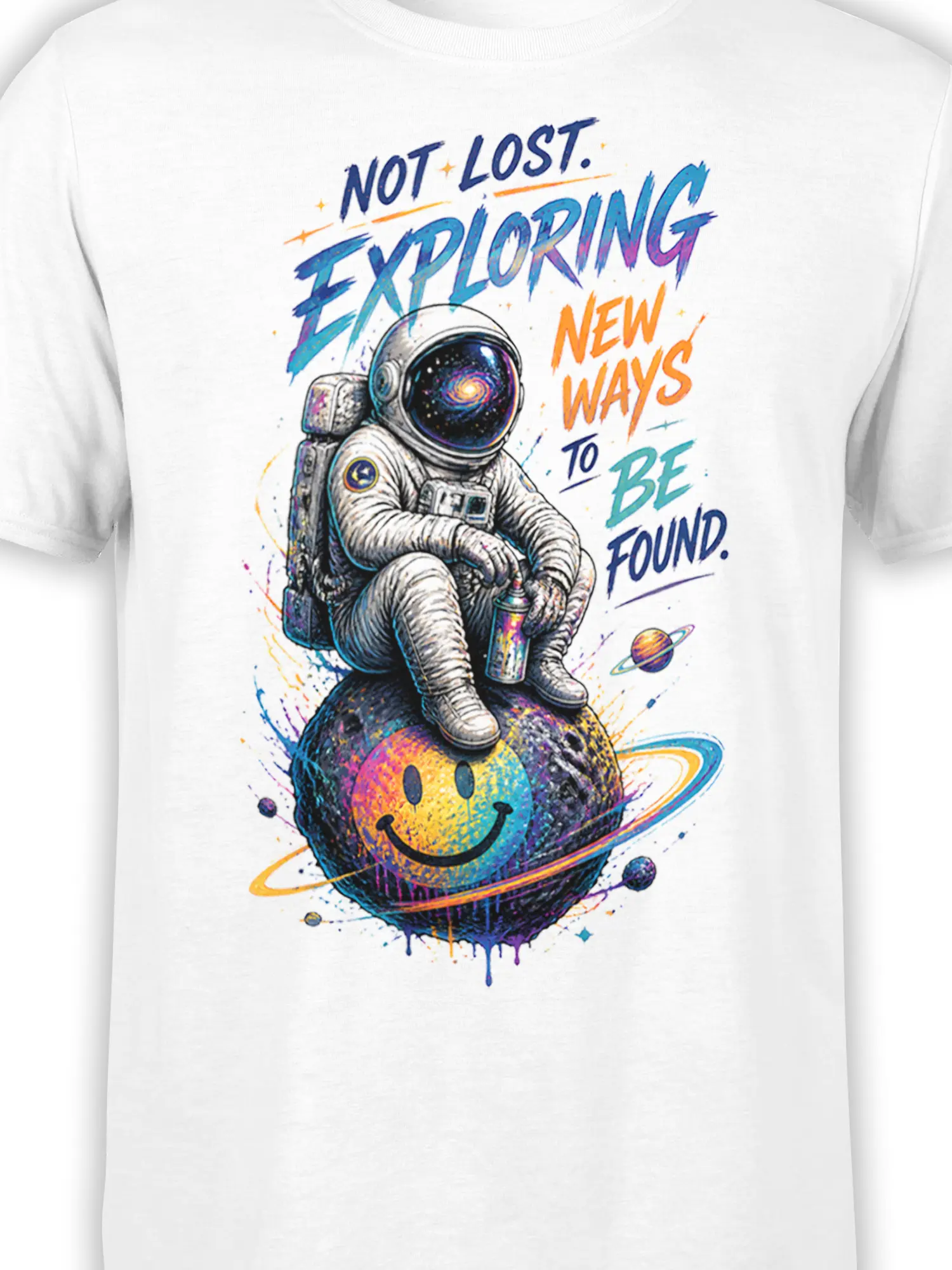 Close-up of colorful astronaut, galaxy helmet, smiling planet, and space lettering on white fabric
