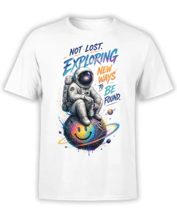 White astronaut T-shirt with a colorful explorer riding a smiling ringed planet and cosmic lettering