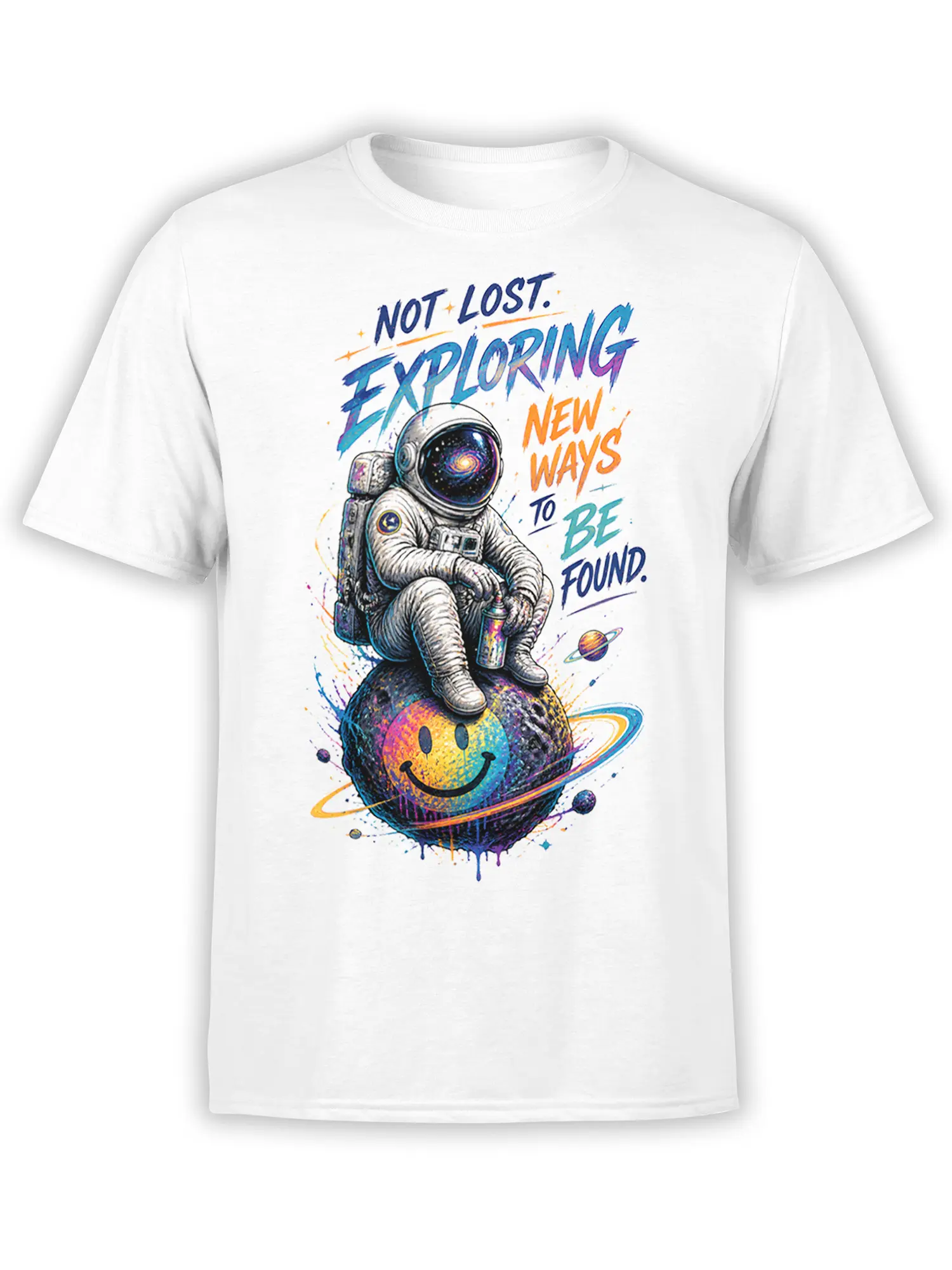 White astronaut T-shirt with a colorful explorer riding a smiling ringed planet and cosmic lettering