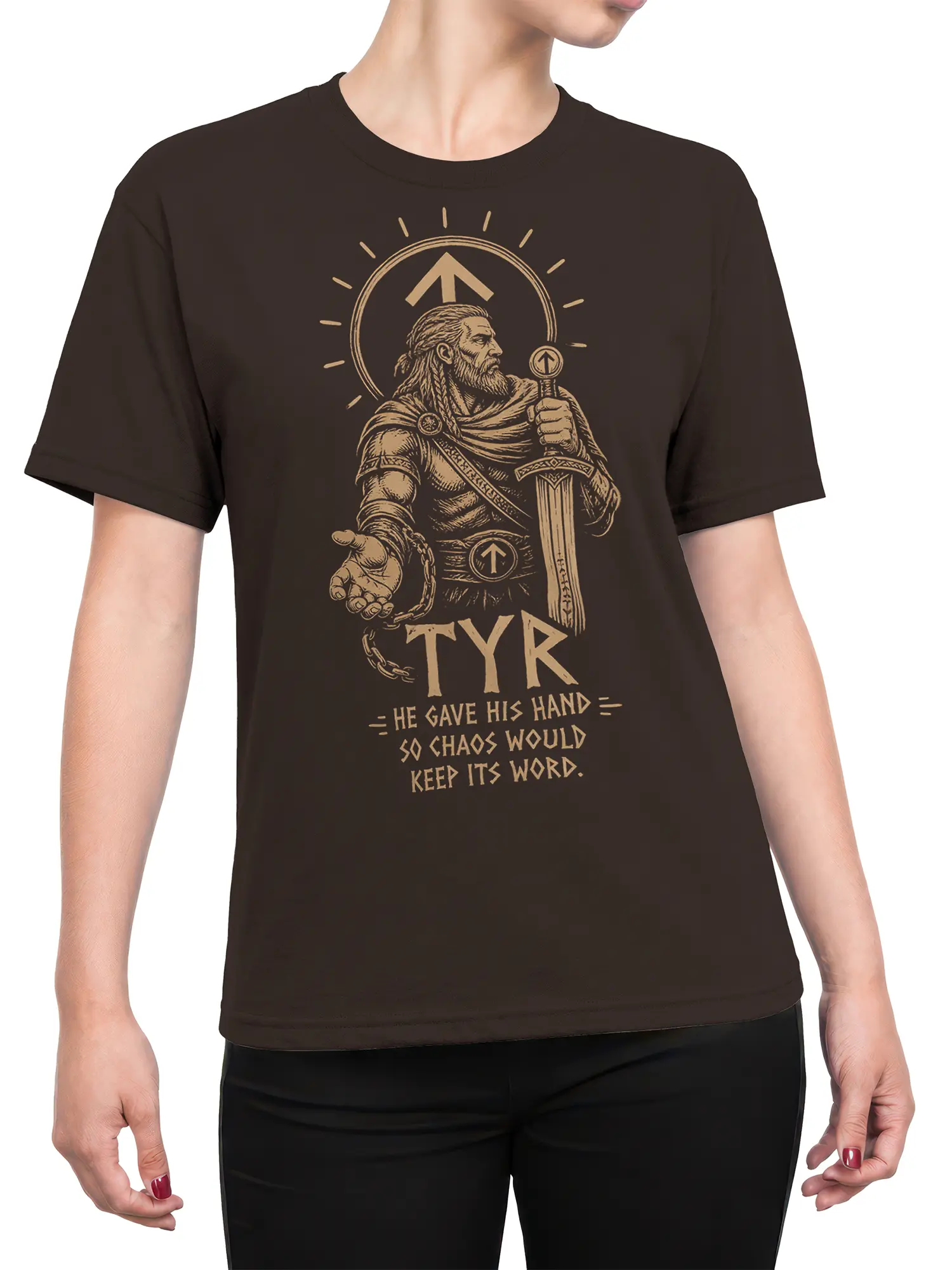 Female torso wearing a dark brown Tyr Norse mythology graphic tee with vintage warrior artwork and tan lettering