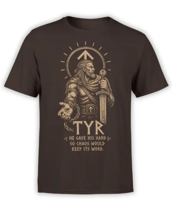 Dark brown Norse mythology T-shirt featuring Tyr with a sword, broken chain, arrow symbols, and vintage tan artwork