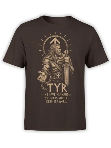 Dark brown Norse mythology T-shirt featuring Tyr with a sword, broken chain, arrow symbols, and vintage tan artwork