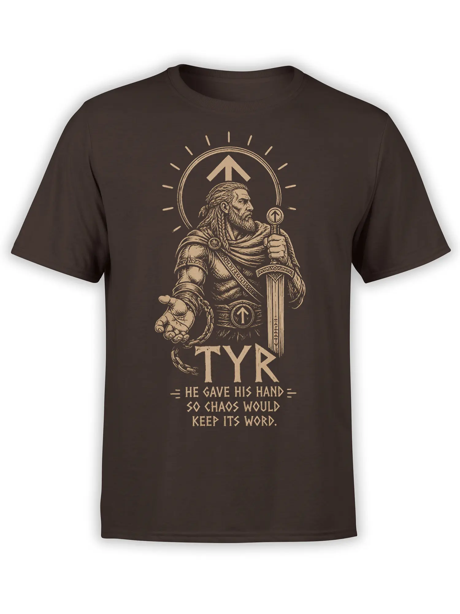 Dark brown Norse mythology T-shirt featuring Tyr with a sword, broken chain, arrow symbols, and vintage tan artwork