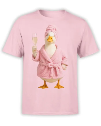Pink T-shirt featuring a pampered duck in a bathrobe and towel turban holding a delicate glass