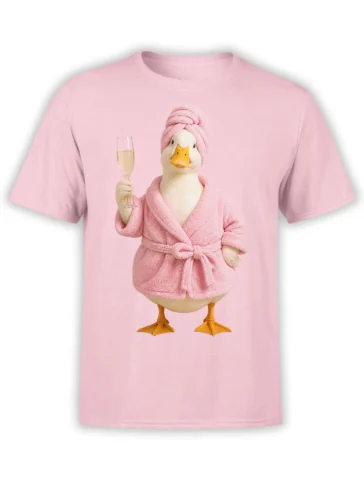 Pink T-shirt featuring a pampered duck in a bathrobe and towel turban holding a delicate glass