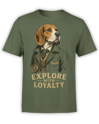 Green T-shirt with a vintage explorer dog, compass, winged paw emblem, and “Explore With Loyalty” text