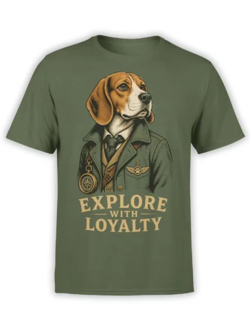 Green T-shirt with a vintage explorer dog, compass, winged paw emblem, and “Explore With Loyalty” text