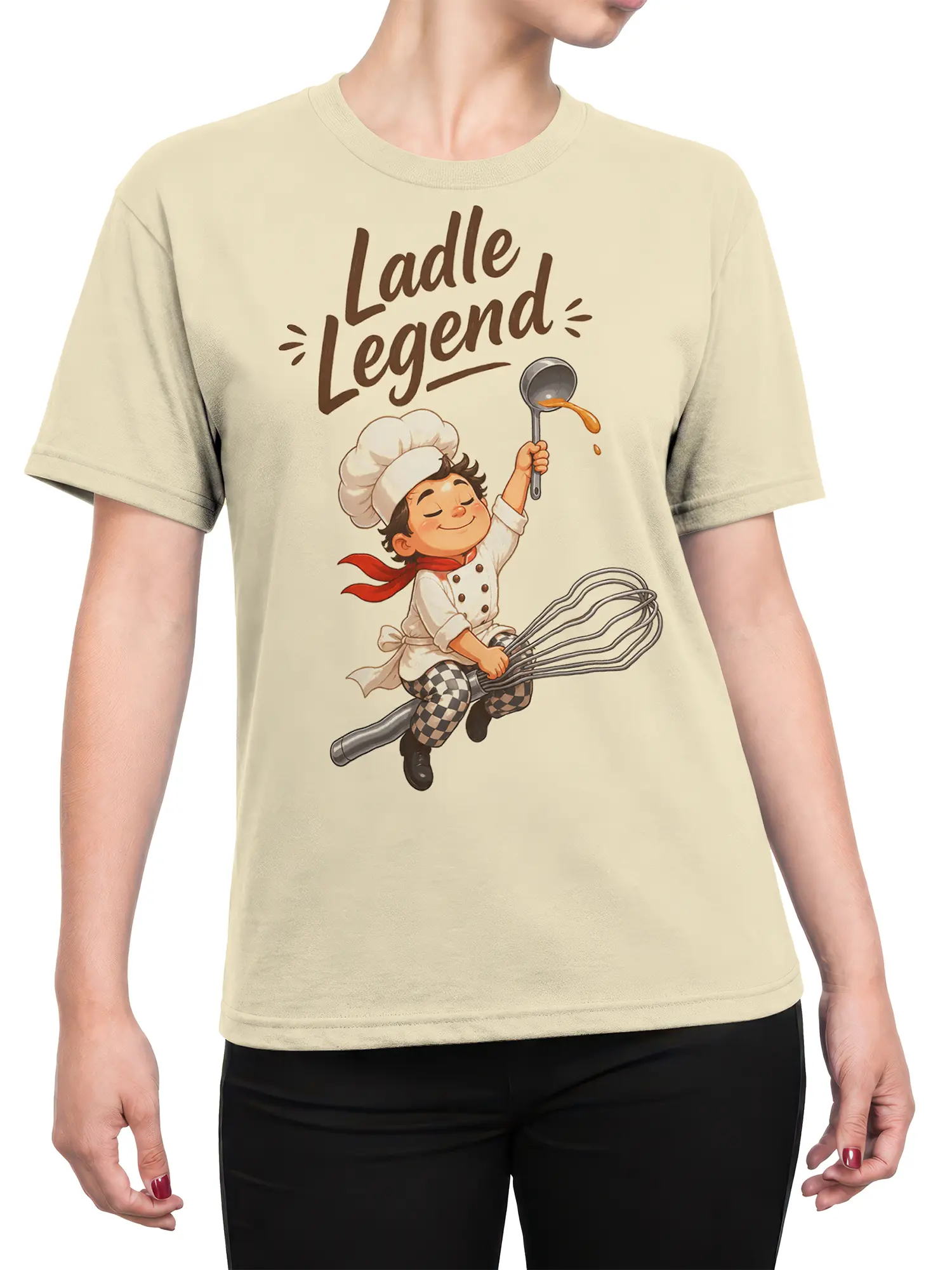 Female torso wearing a beige T-shirt with Ladle Legend young chef artwork