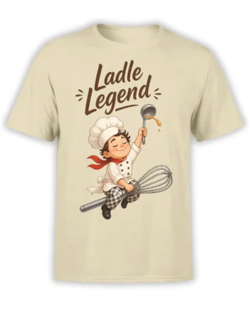 Beige T-shirt with smiling young chef, oversized whisk, ladle, and Ladle Legend lettering