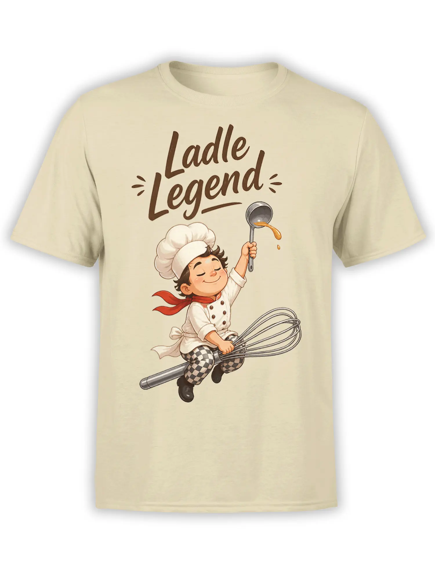Beige T-shirt with smiling young chef, oversized whisk, ladle, and Ladle Legend lettering