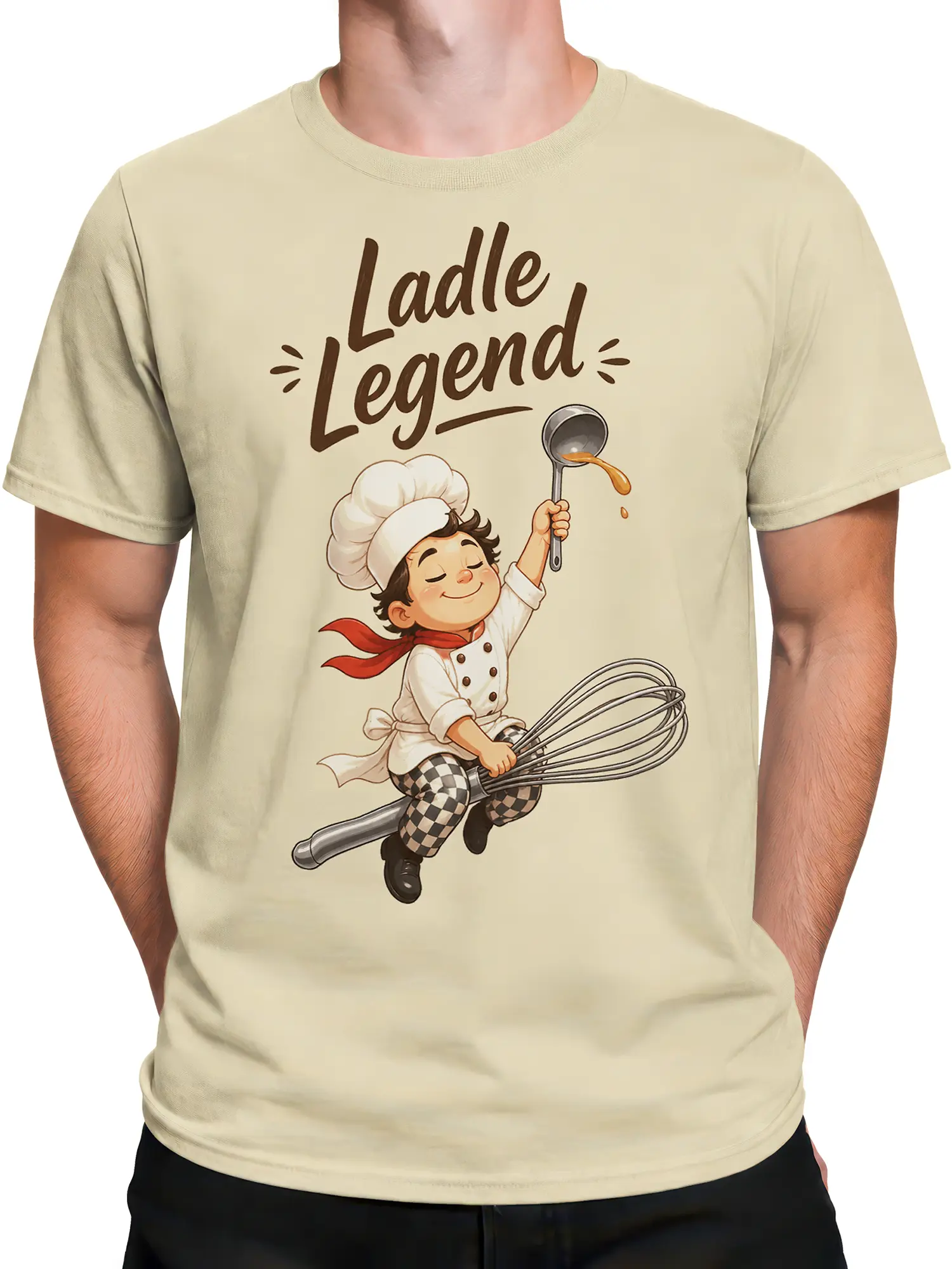 Male torso wearing a beige T-shirt with Ladle Legend chef artwork
