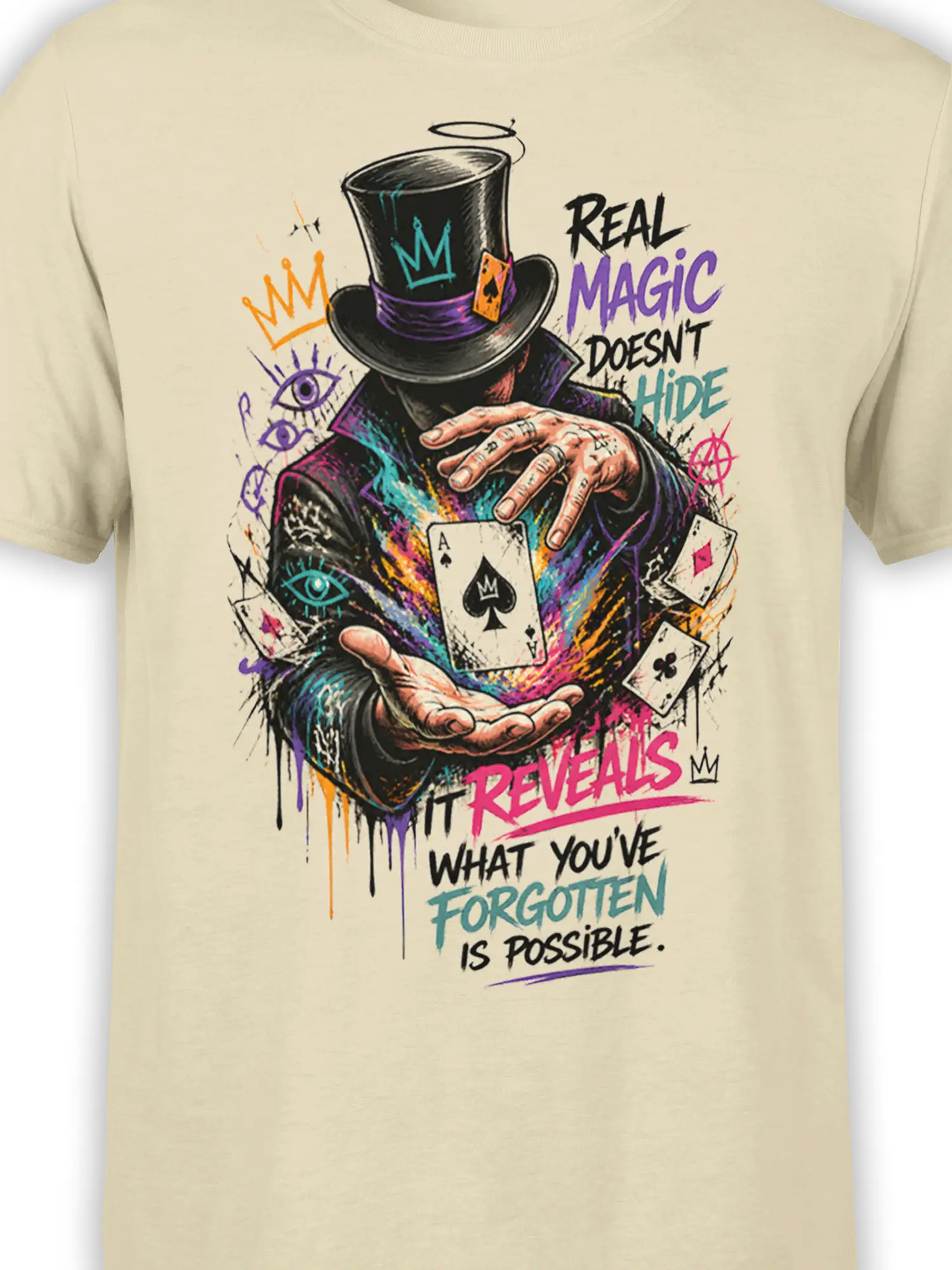 Close-up of colorful magician artwork with top hat, ace of spades, playing cards, and lettering on beige fabric
