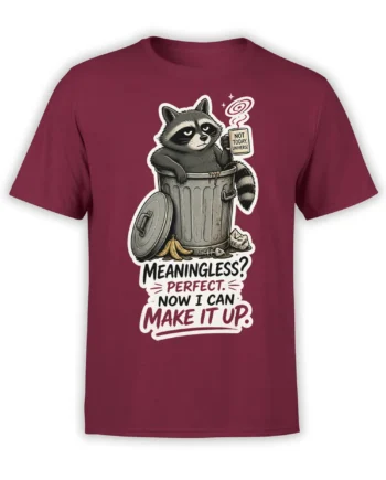 Deadpan raccoon in a trash can holding a coffee mug on a burgundy graphic T-shirt
