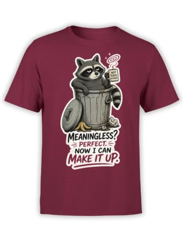Deadpan raccoon in a trash can holding a coffee mug on a burgundy graphic T-shirt